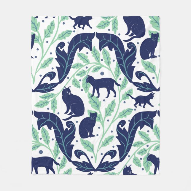Elegant Chinoiserie Blue Mint Black Cat-Whimsical Fleecefilt (Framsidan)