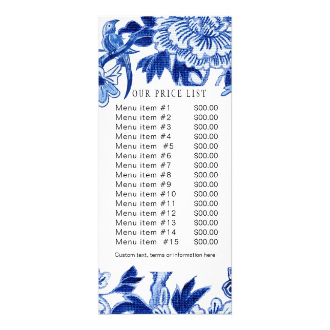 Elegant Chinoiserie Blue White Business Pris List Reklamkort (Framsidan)
