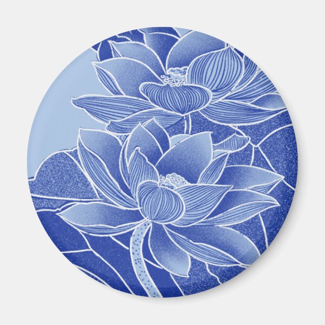 Elegant Chinoiserie Chic Blue Lotus Mandala Magnet (Framsidan)