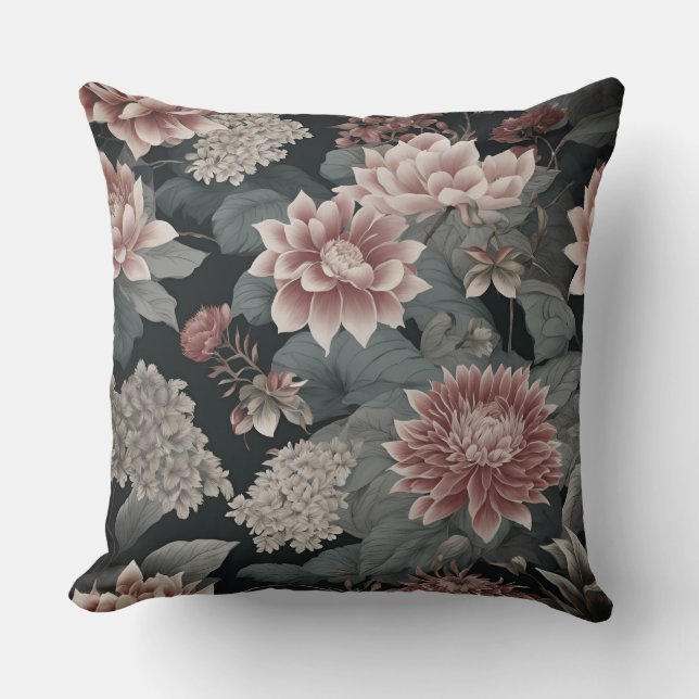 Elegant Chinoiserie Grått- och hallonBlommigtar Kudde (Framsida)