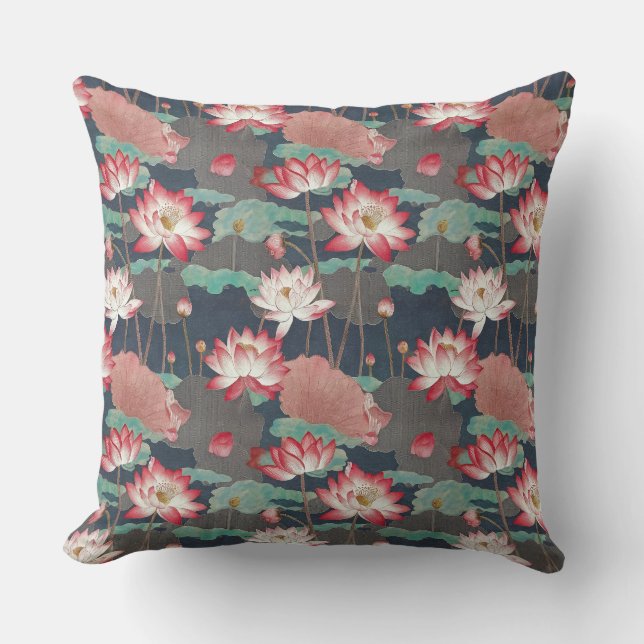 Elegant Chinoiserie Lotus Floral Red and Brown Kudde (Framsida)