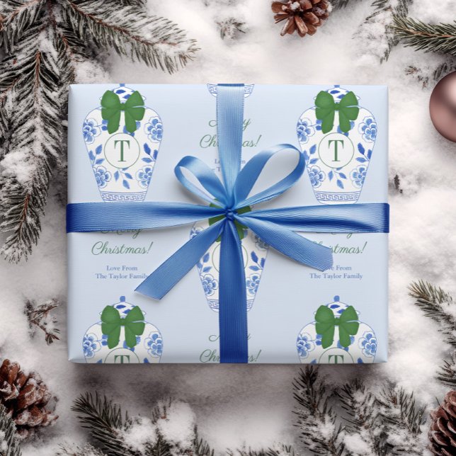 Elegant Chinoiserie Monogram Merry Christmas Presentpapper (Preppy holidays gift wrap design featuring a blue & white ginger jar with green bow and monogram)