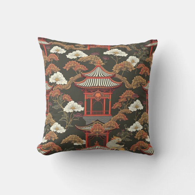 Elegant Chinoiserie Pagoda Black Red Kudde (Framsida)