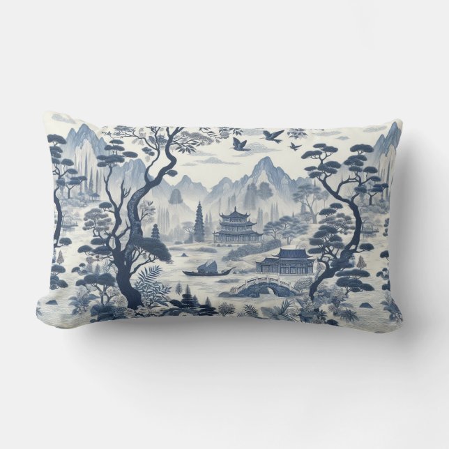 Elegant Chinoiserie Pagoda Blue & White Scenia Lumbarkudde (Framsida)