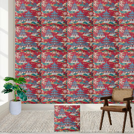 Elegant Chinoiserie Pagoda och Blommönster Tile Kakelplatta