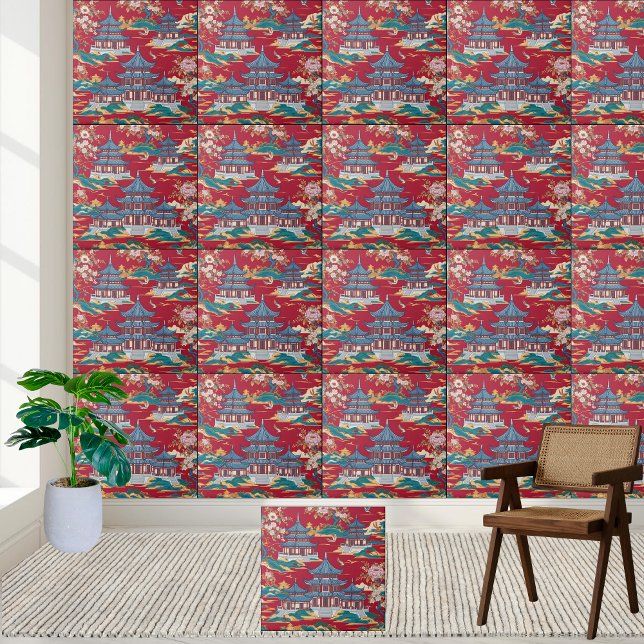 Elegant Chinoiserie Pagoda och Blommönster Tile Kakelplatta (Elegant Chinoiserie Pagoda and Floral Pattern Tile)