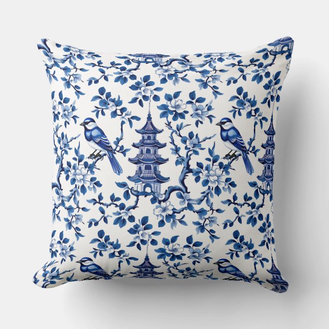 Elegant Chinoiserie Pagoda och fåglar Kudde (Framsida)