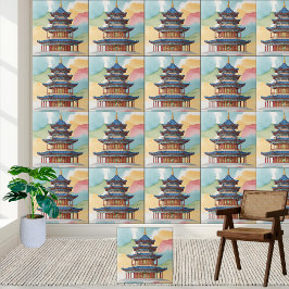 Elegant Chinoiserie Pagoda Temple Watercolor Tile Kakelplatta