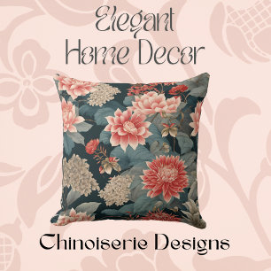 Elegant Chinoiserie Teal Peach Blommigt Kudde