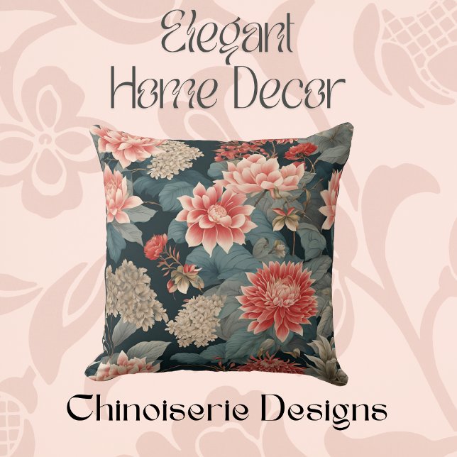 Elegant Chinoiserie Teal Peach Blommigt Kudde (Skapare uppladdad)