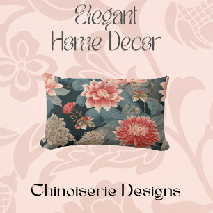 Elegant Chinoiserie Teal Peach Blommigt Lumbarkudde