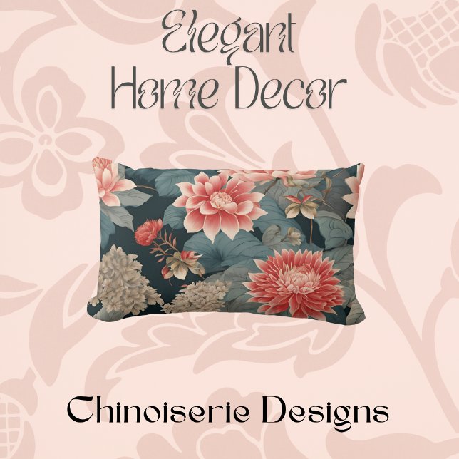 Elegant Chinoiserie Teal Peach Blommigt Lumbarkudde (Skapare uppladdad)
