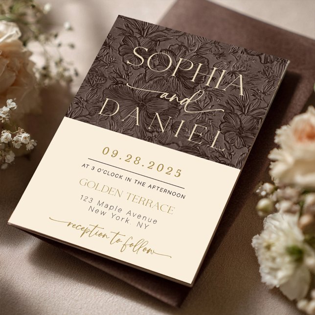 Elegant Chocolate Mocha Bröllop-mallinbjudan Inbjudningar (Elegant Chocolate Brown Mocha Gold Foil Wedding Template Invitation | Elegant Chocolate Brown Emboss)