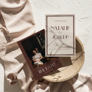 Elegant chokladbrun gammal rikedom foto bröllop spara datumet