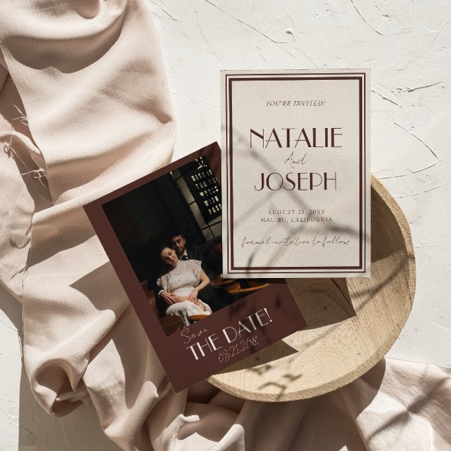 Elegant chokladbrun gammal rikedom foto bröllop spara datumet (Skapare uppladdad)