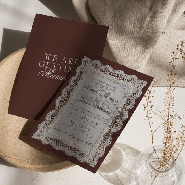 Elegant chokladbrun spets gammaldags bröllop  inbjudningar (Skapare uppladdad)
