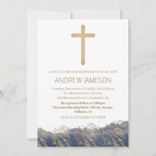 Elegant Christian Blue Guld Kor   Baptism Inbjudningar