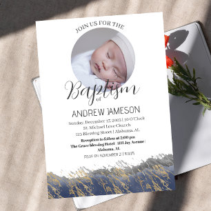 Elegant Christian Blue Round Photo   Baptism Inbjudningar