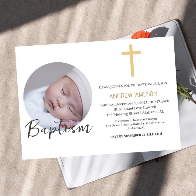 Elegant Christian Blue Round Photo | Baptism Inbjudningar (Skapare uppladdad)