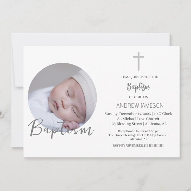 Elegant Christian Blue Round Photo | Baptism Inbjudningar (Framsida)