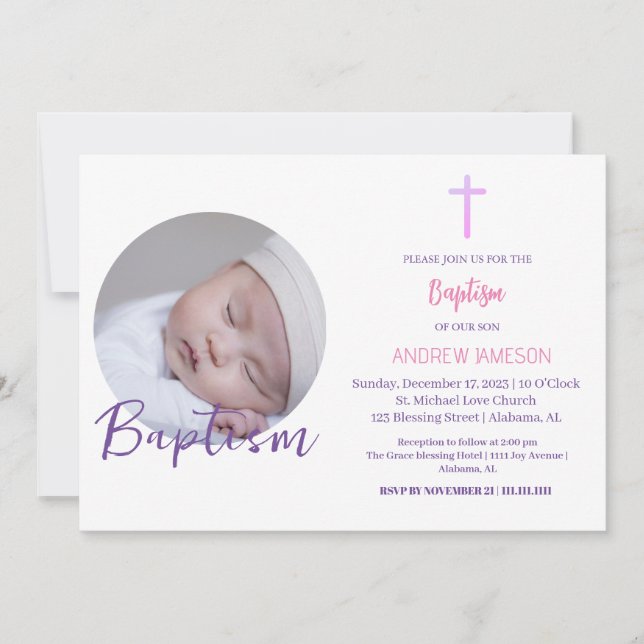 Elegant Christian Blue Round Photo | Baptism Inbjudningar (Framsida)