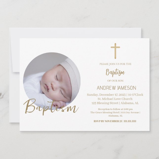 Elegant Christian Blue Round Photo | Baptism Inbjudningar (Framsida)