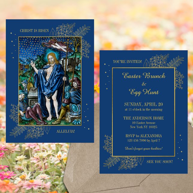 Elegant Christian Catholique Påsk Brunch Egg Hunt Inbjudningar (Elegant Religious Christian Catholic Resurrection Christ is risen Easter Brunch Egg Hunt Invitation)