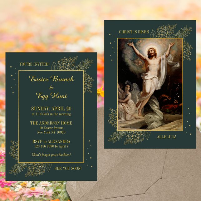 Elegant Christian Catholique Påsk Brunch Egg Hunt Inbjudningar (Elegant Religious Christian Catholic Resurrection Christ is risen Easter Brunch Egg Hunt Invitation)