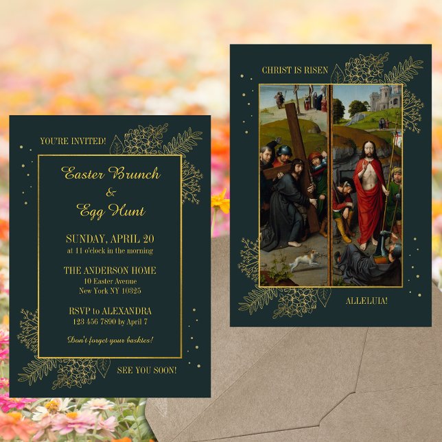 Elegant Christian Catholique Påsk Brunch Egg Hunt Inbjudningar (Elegant Religious Christian Catholic Resurrection Christ is risen Easter Brunch Egg Hunt Invitation)