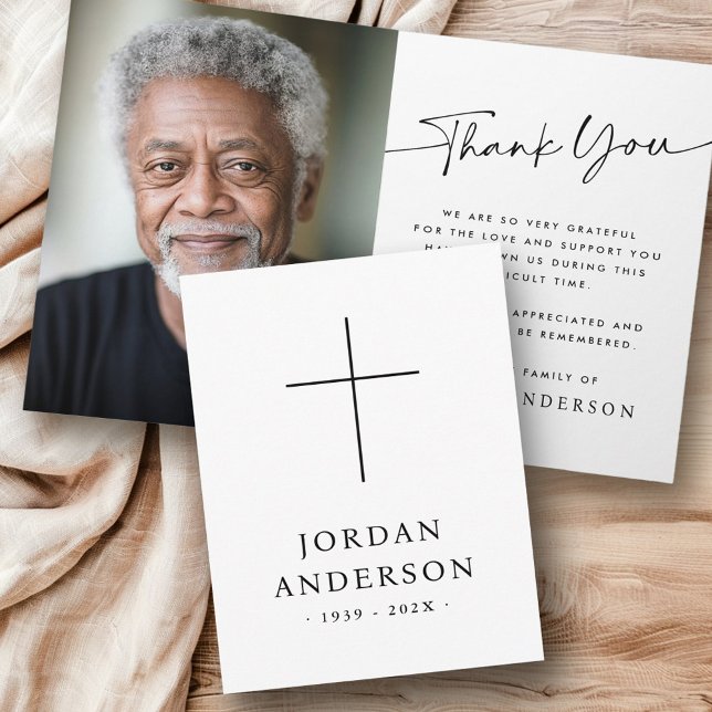 Elegant Christian kor namn begravningsfoto Tack Kort (Elegant Christian cross name date funeral photo Thank You Card)