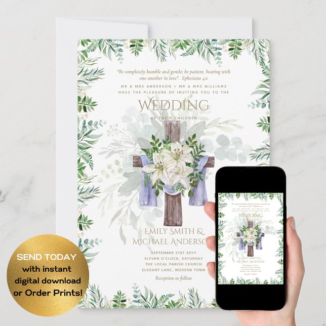 Elegant Christian White Lily Rustic Kor Bröllop Inbjudningar (Skapare uppladdad)