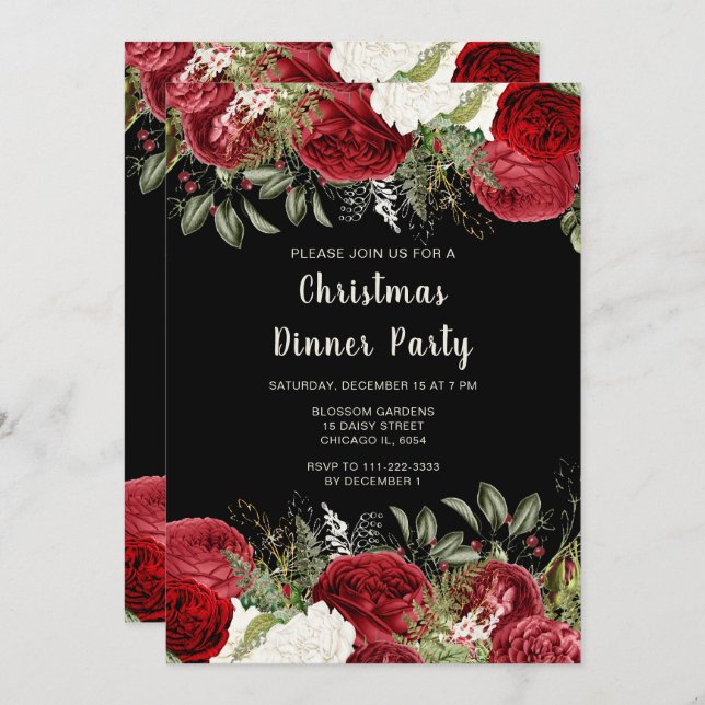 Elegant Christmas Dinner Party Red Flowers Inbjudningar (Fram/baksida)