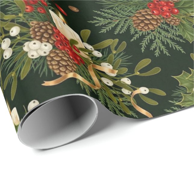 Elegant Christmas Floral Pinecone Pattern Presentpapper (Rullad Hörn)