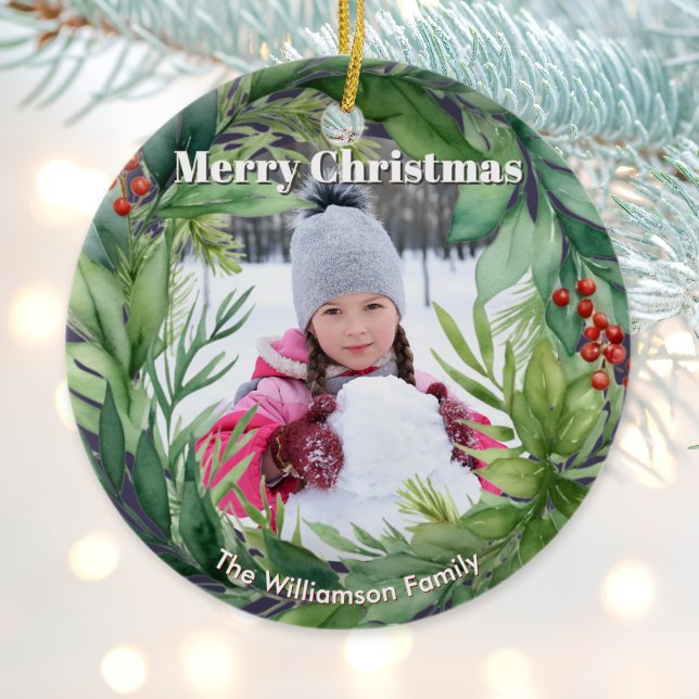 Elegant Christmas Greenery Custom Photo Julgransprydnad Keramik (A Christmas ornament with watercolor-style greenery, custom name and photo(s))