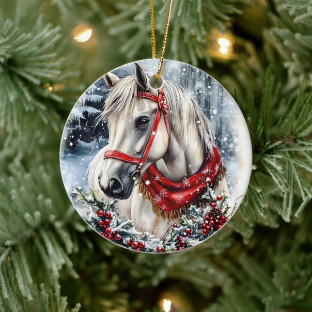 Elegant Christmas Horse with Winter Wreath  Julgransprydnad Keramik (Träd)