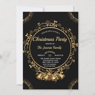 Elegant CHRISTMAS PARTY Black and Gold bells Inbjudningar