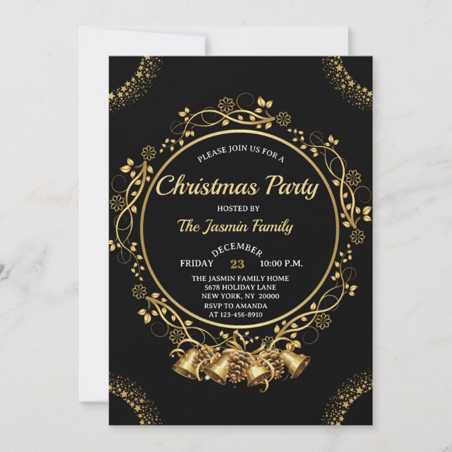 Elegant CHRISTMAS PARTY Black and Gold bells Inbjudningar (Framsida)