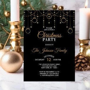 Elegant CHRISTMAS PARTY Black Guld Glitter Stars Inbjudningar