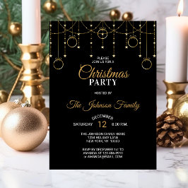 Elegant CHRISTMAS PARTY Black Guld Glitter Stars Inbjudningar