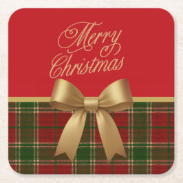 Elegant Christmas Plaid Collection with Gold Bow Underlägg Papper Kvadrat