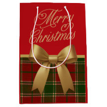 Elegant Christmas Plaid Gift Bag with Gold Bow