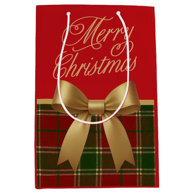 Elegant Christmas Plaid Gift Bag with Gold Bow (Framsidan)