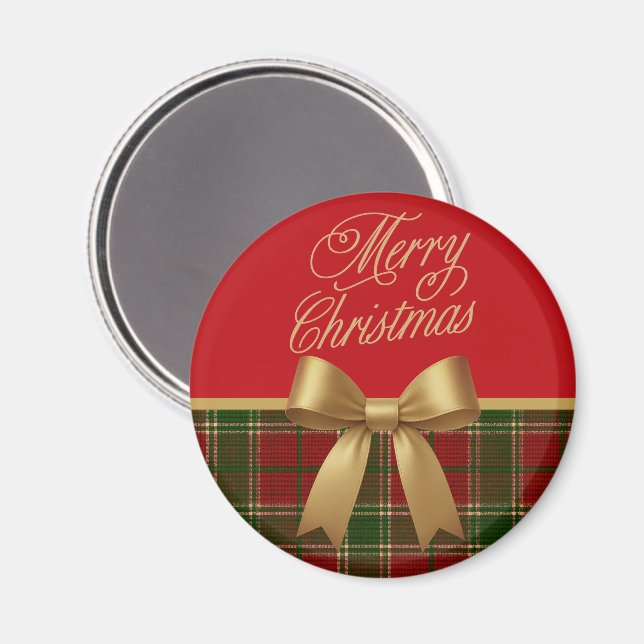 Elegant Christmas Plaid Magnet with Gold Bow (Front/Back)