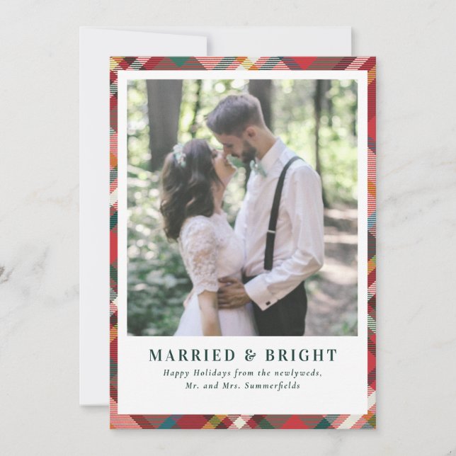 Elegant Christmas Plaid Married and Bright Photo Julkort (Framsida)