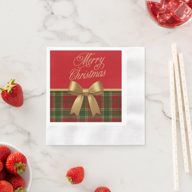 Elegant Christmas Plaid Napkin with Gold Bow Pappersservett (Insitu)