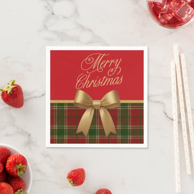 Elegant Christmas Plaid Napkin with Gold Bow Pappersservett (Insitu)