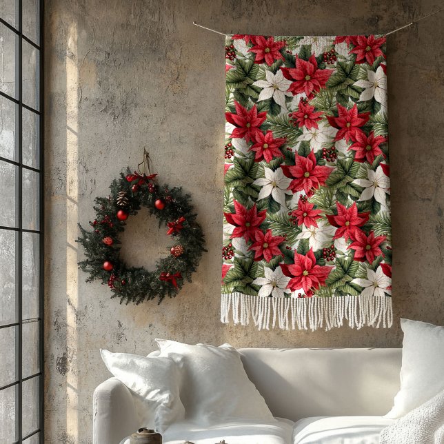 Elegant Christmas red and white poinsettia Holiday Fleecefilt (Elegant Christmas red and white poinsettia Holiday Fleece Blanket)