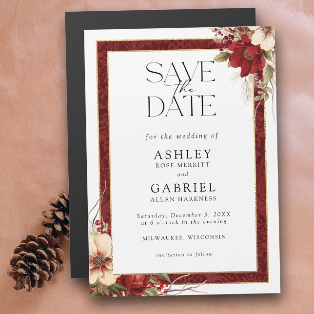 Elegant Christmas Red Damask Floral Save the Date Magnetisk Inbjudningskort (Skapare uppladdad)