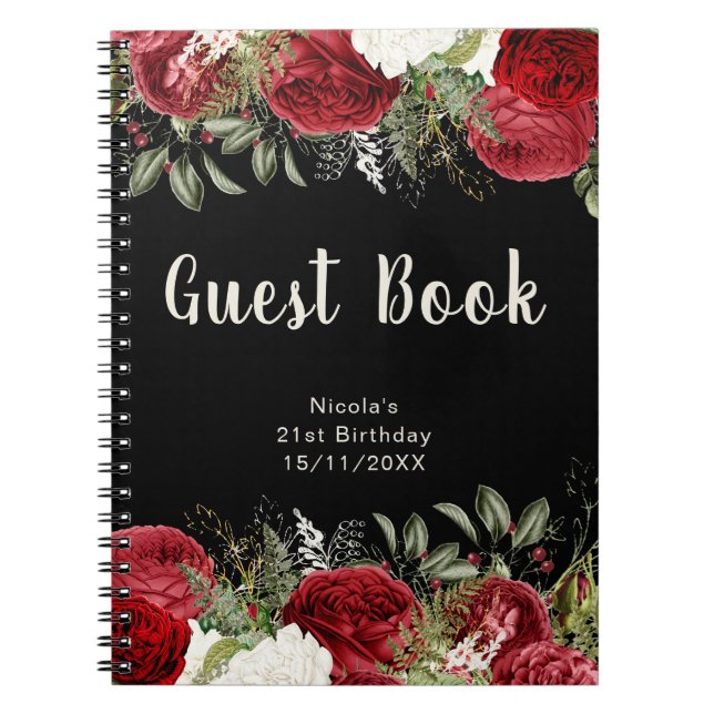 Elegant Christmas Red Flowers Birthday Guest Book Anteckningsbok (Framsidan)