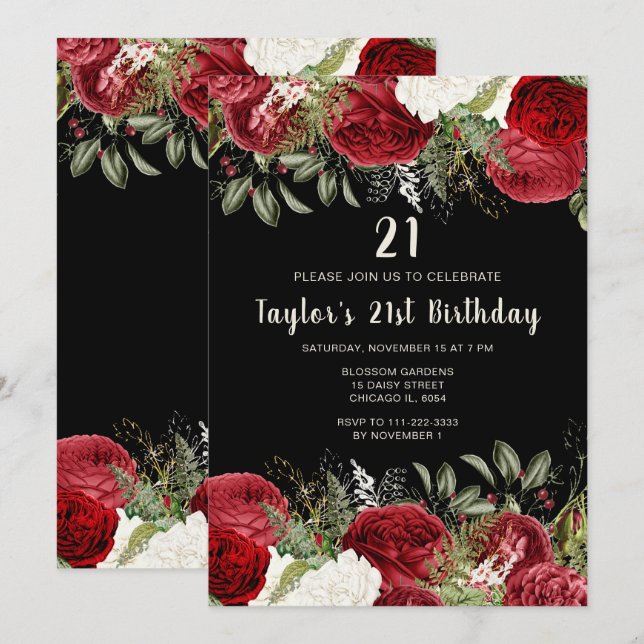 Elegant Christmas Red Flowers Birthday Party Inbjudningar (Fram/baksida)